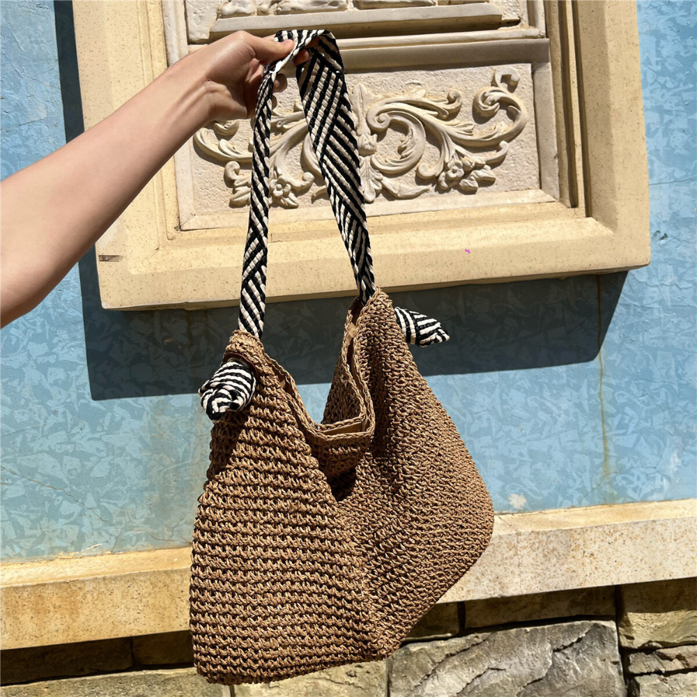 Straw Bag with Faux Leather Finishes and Braided Rope Strap