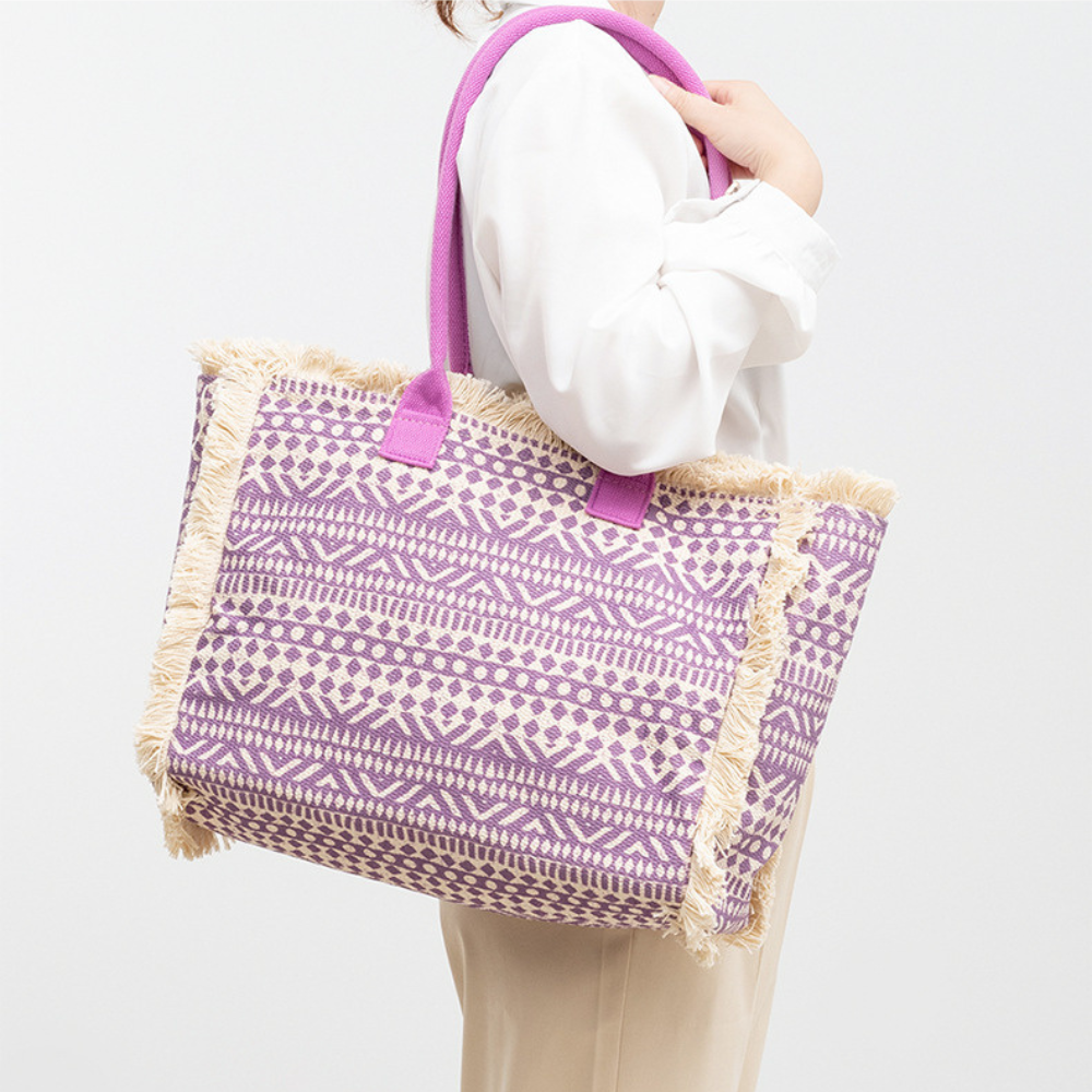 Tote Bag Patterned Textured Canvas with Zip and Reinforced Handles