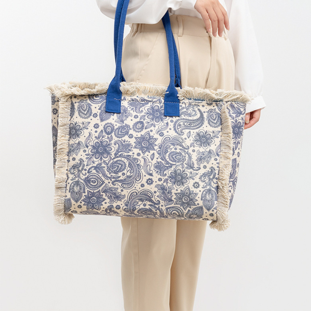 Tote Bag Patterned Textured Canvas with Zip and Reinforced Handles