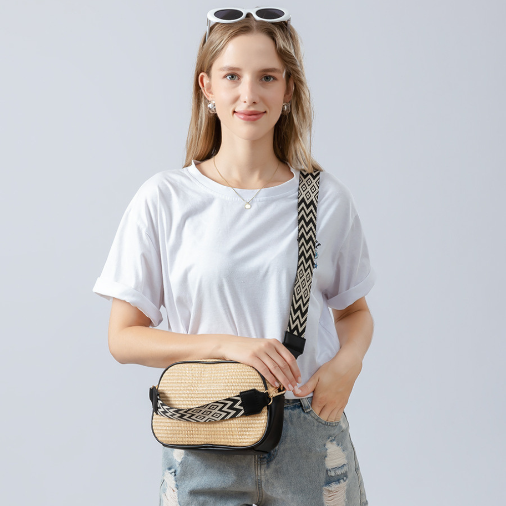 Crossbody Bag Straw Faux Leather with Adjustable Strap