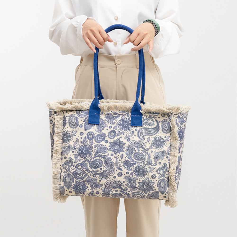 Tote Bag Patterned Textured Canvas with Zip and Reinforced Handles