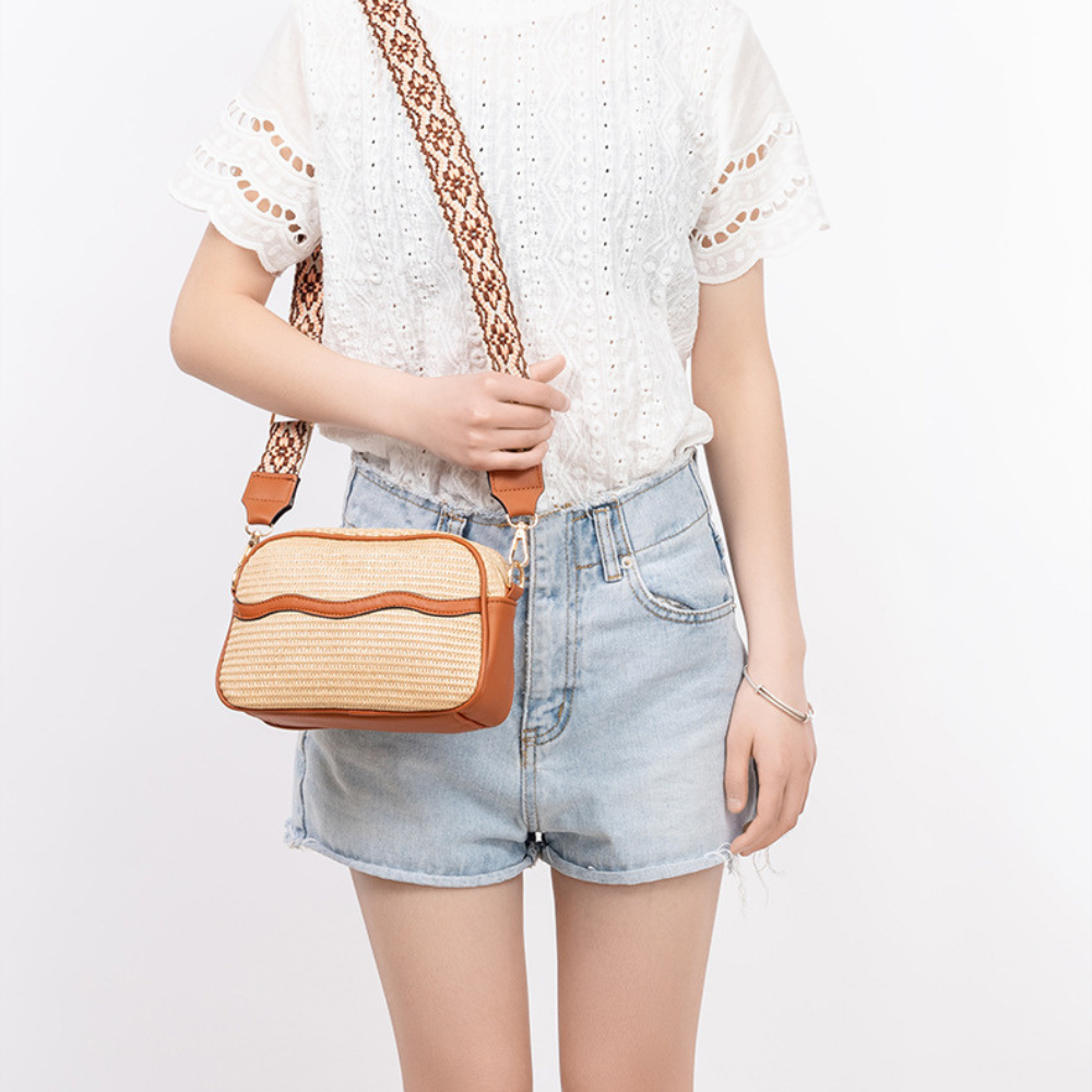 Crossbody Bag Straw Faux Leather with Adjustable Strap