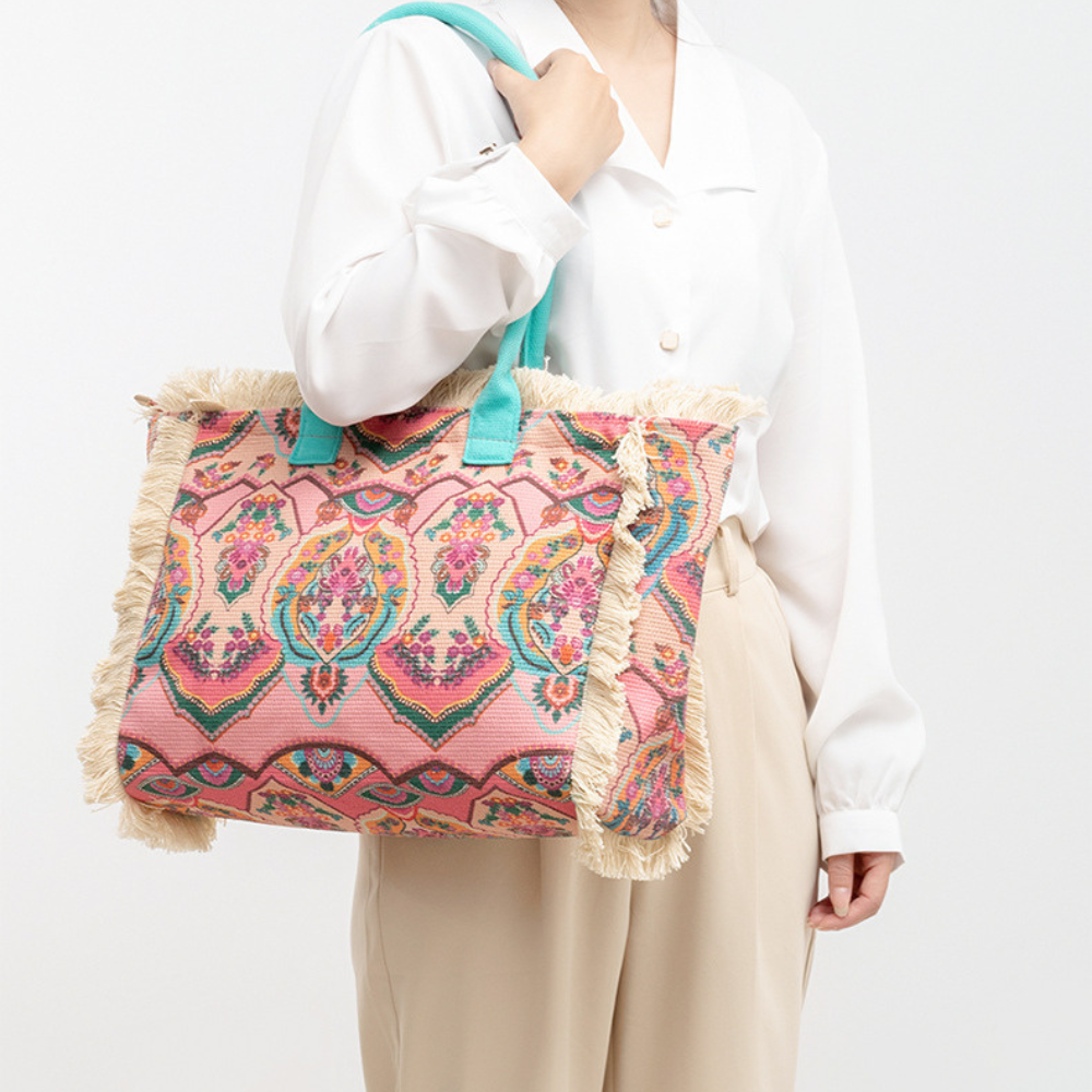 Tote Bag Patterned Textured Canvas with Zip and Reinforced Handles