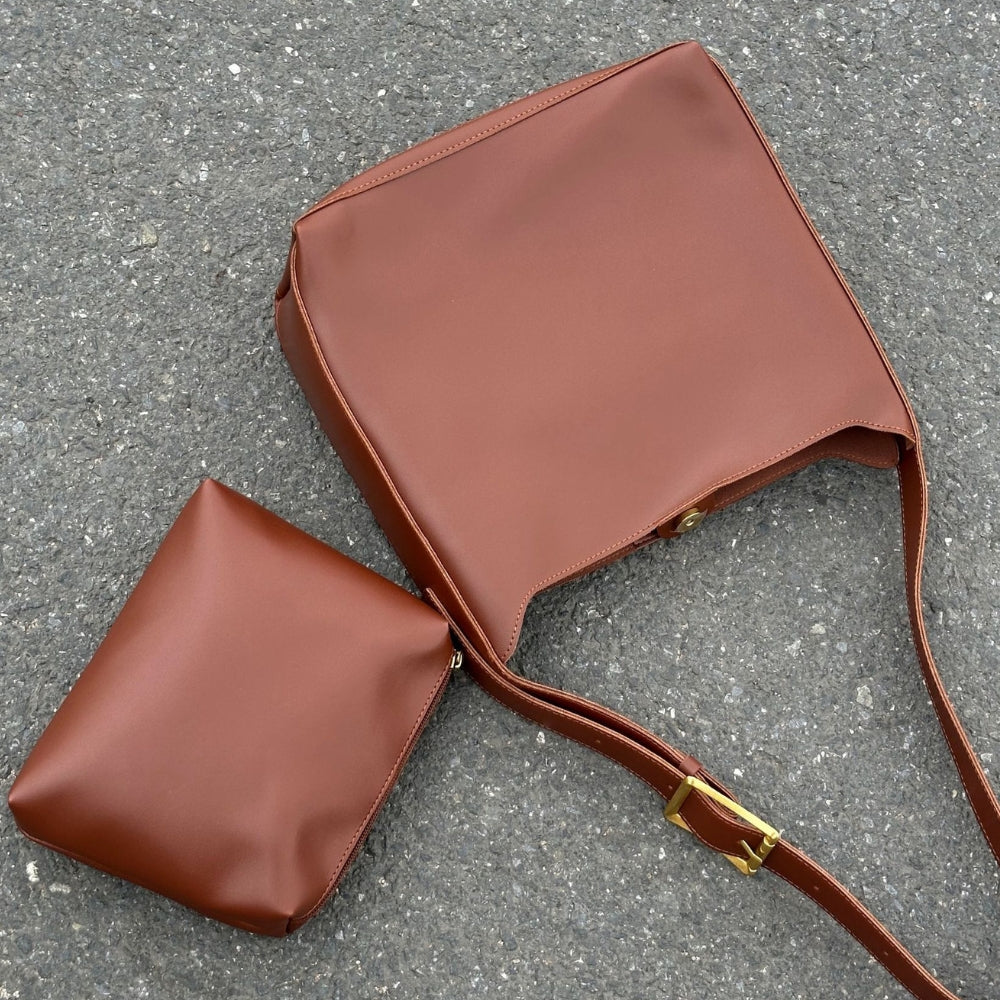 Shoulder Bag Faux Leather with Built-In Pouch and Magnetic Closure