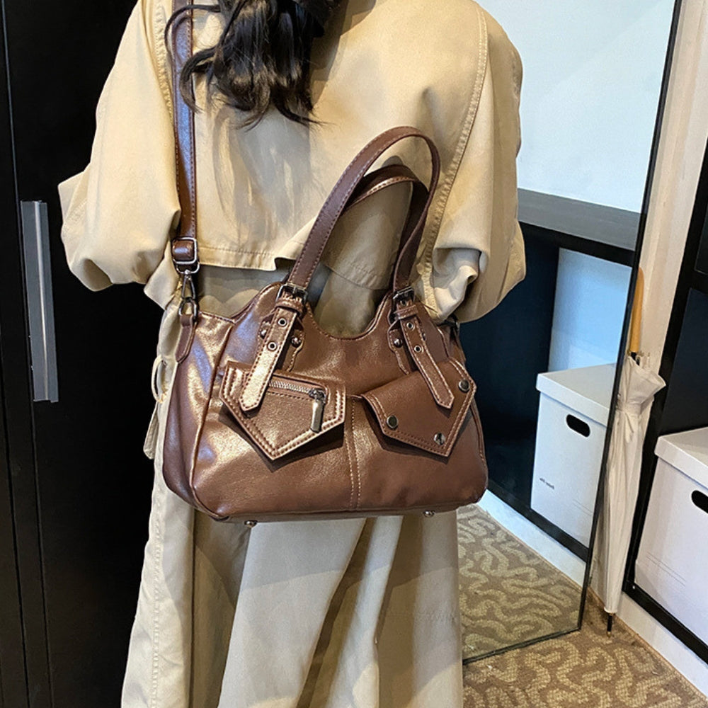 Shoulder Bag Faux Leather with Top Handles, Front Pockets and Strap