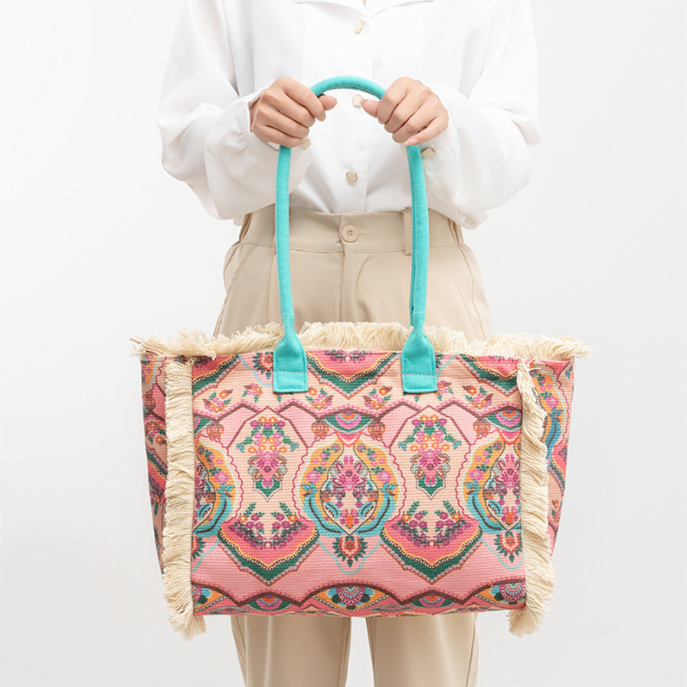 Tote Bag Patterned Textured Canvas with Zip and Reinforced Handles