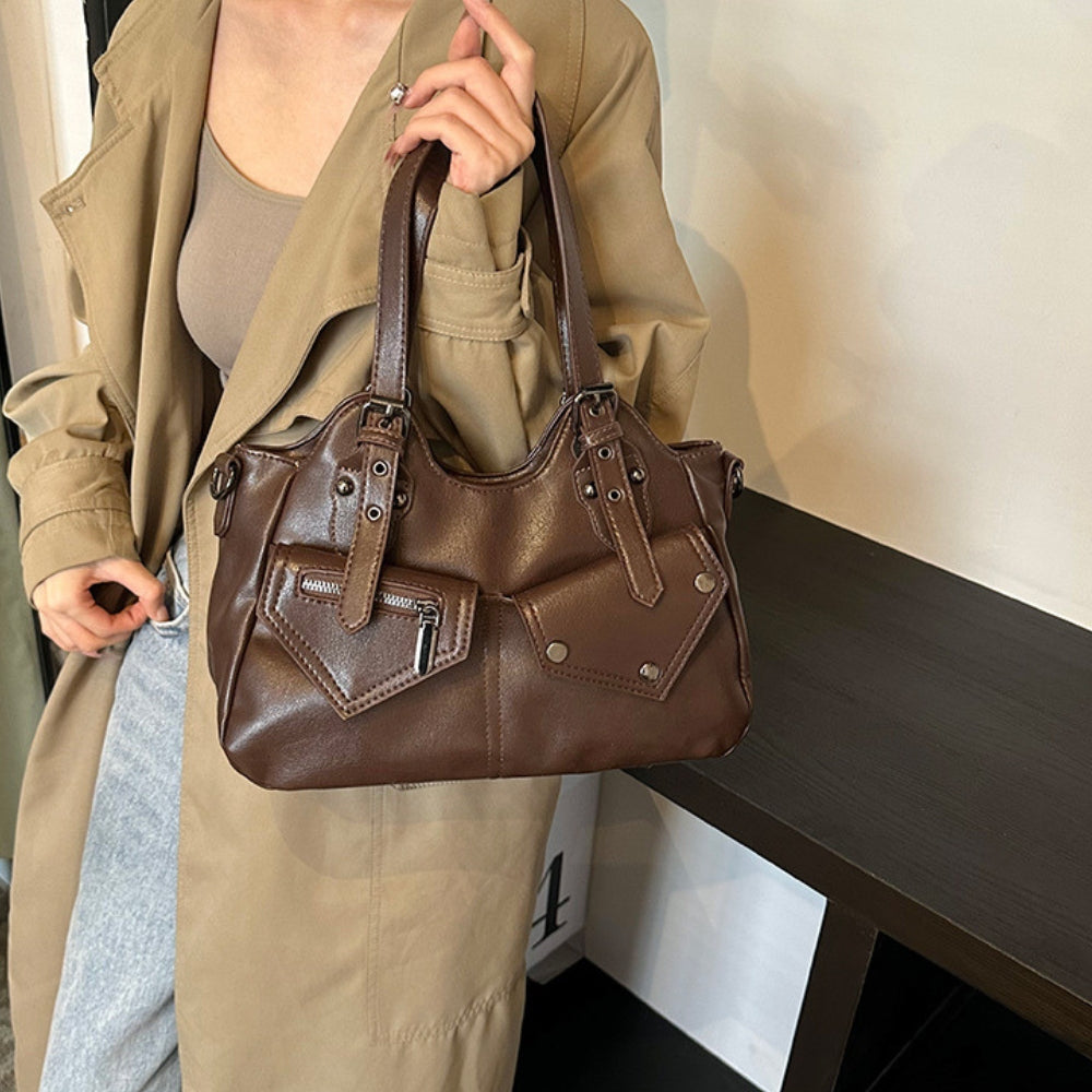 Shoulder Bag Faux Leather with Top Handles, Front Pockets and Strap
