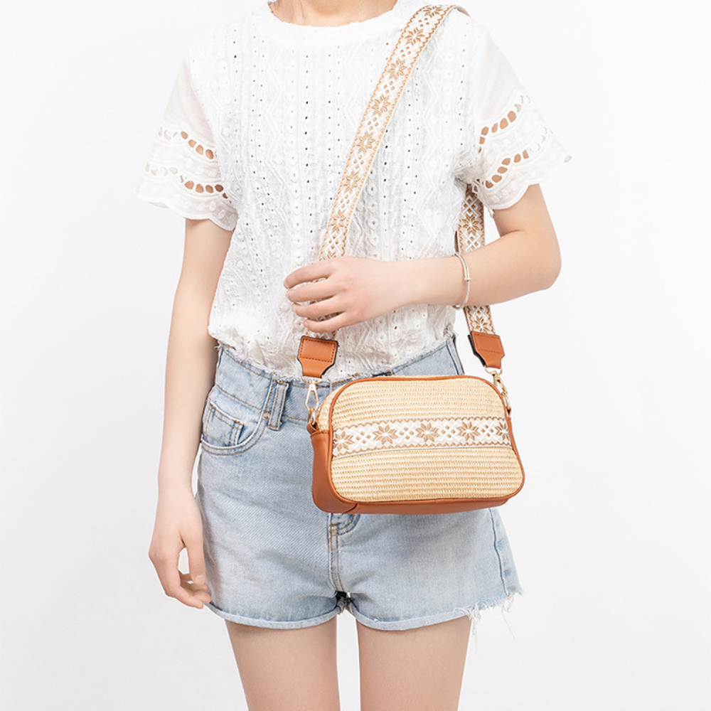Crossbody Bag Straw Faux Leather with Adjustable Strap