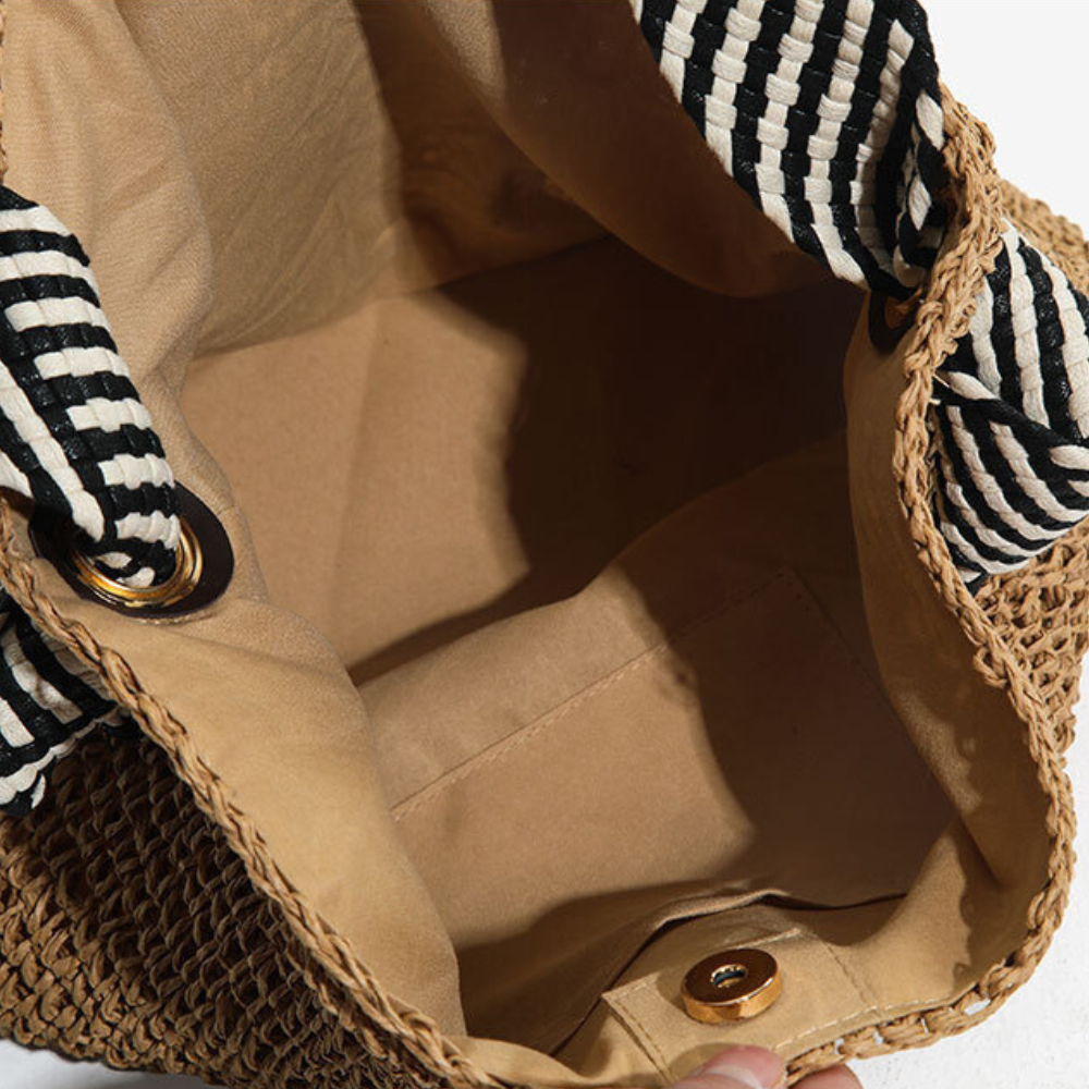 Straw Bag with Faux Leather Finishes and Braided Rope Strap