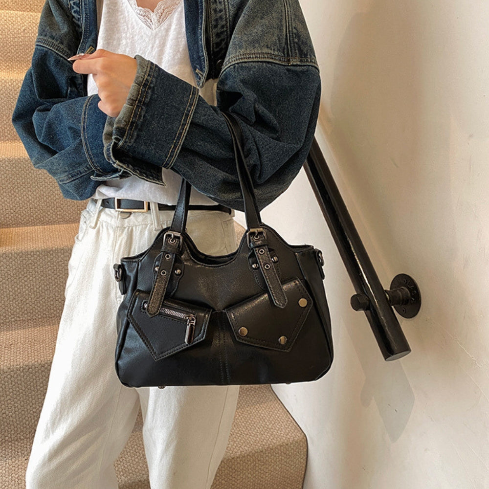 Shoulder Bag Faux Leather with Top Handles, Front Pockets and Strap