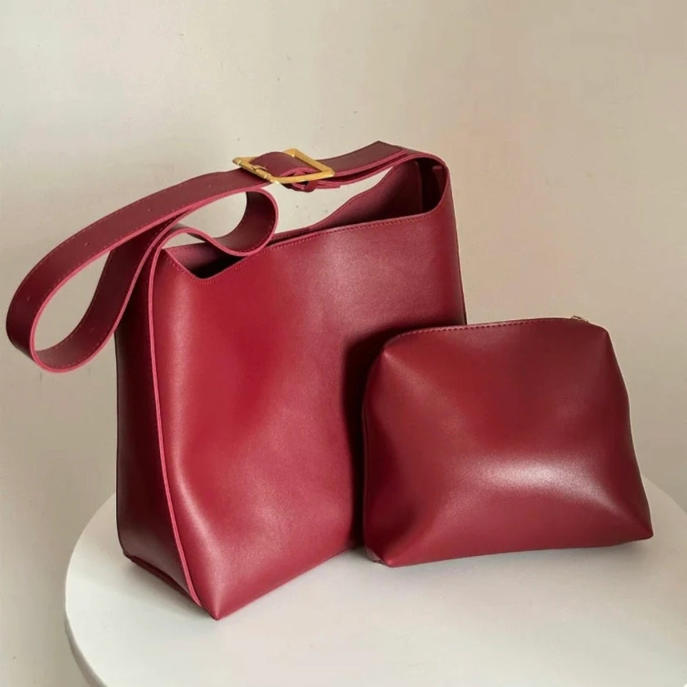 Shoulder Bag Faux Leather with Built-In Pouch and Magnetic Closure
