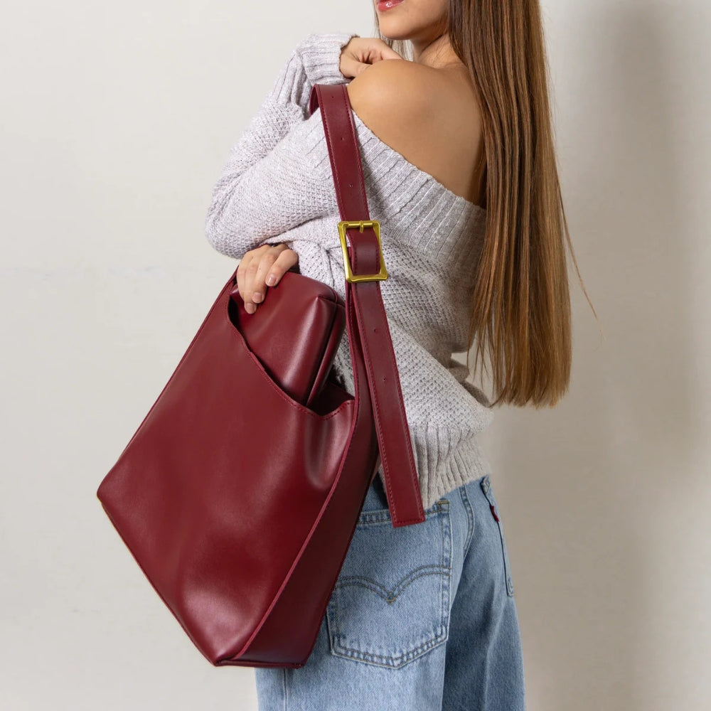 Shoulder Bag Faux Leather with Built-In Pouch and Magnetic Closure