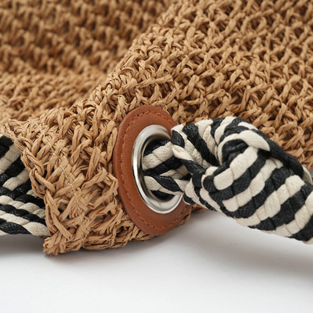 Straw Bag with Faux Leather Finishes and Braided Rope Strap