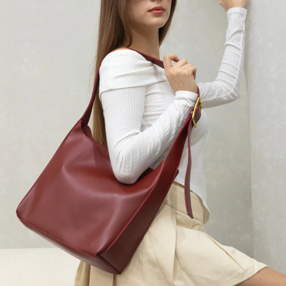 Shoulder Bag Faux Leather with Built-In Pouch and Magnetic Closure