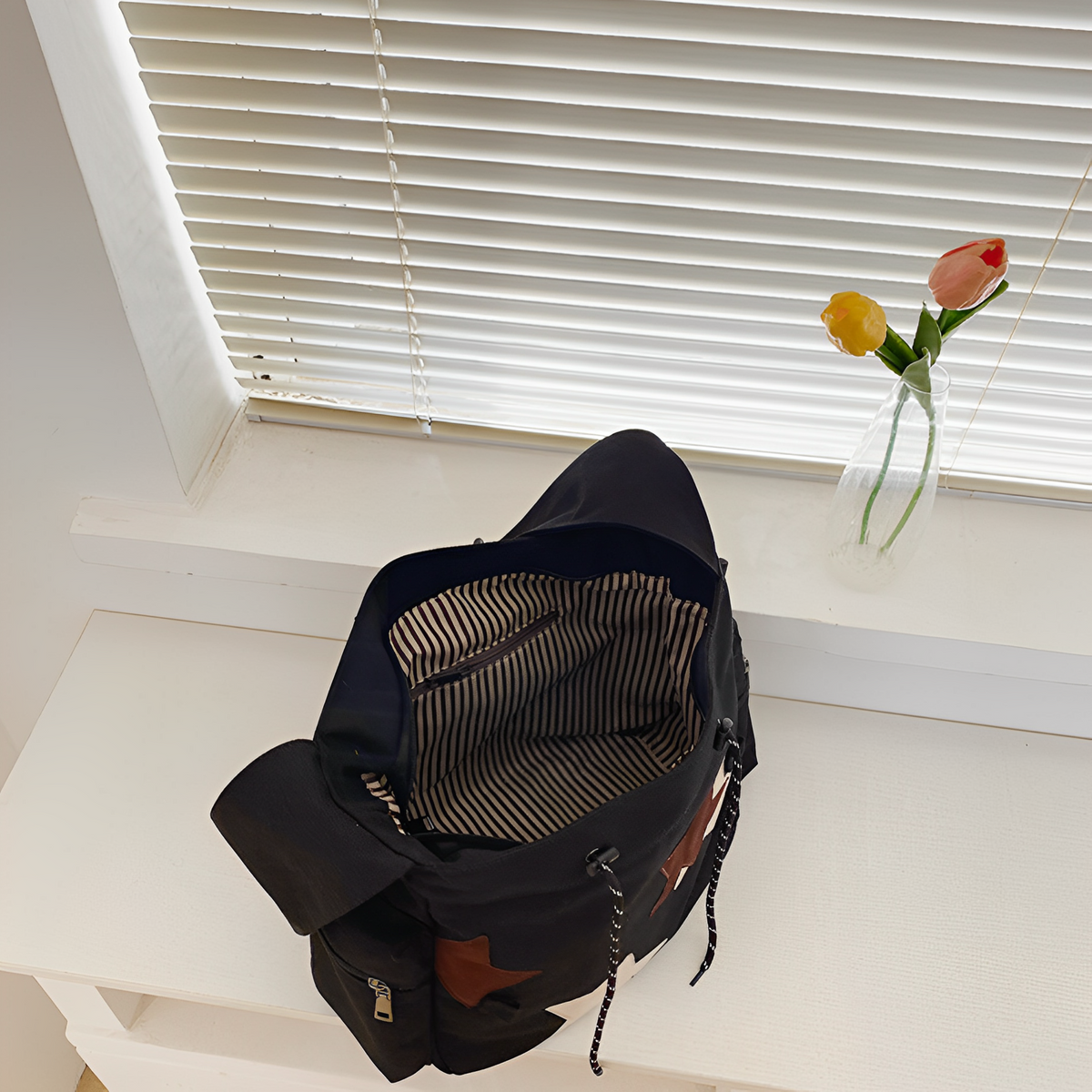 Hobo Bag Canvas with Star Patches, Zip and Laptop Compartment