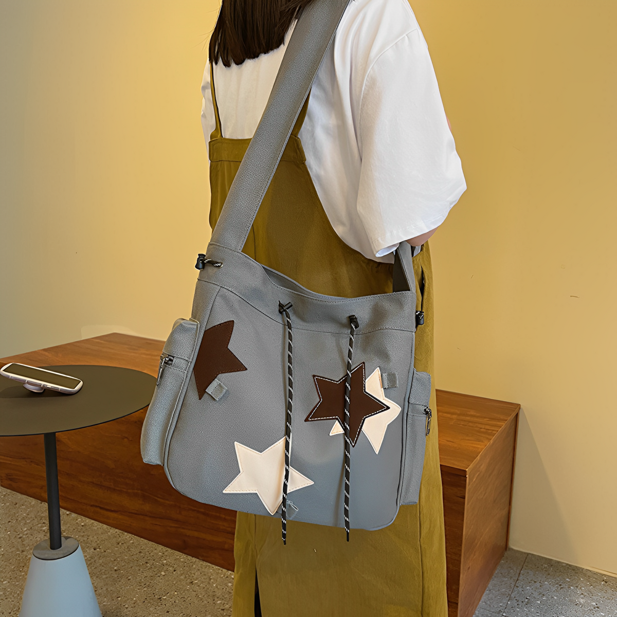 Hobo Bag Canvas with Star Patches, Zip and Laptop Compartment