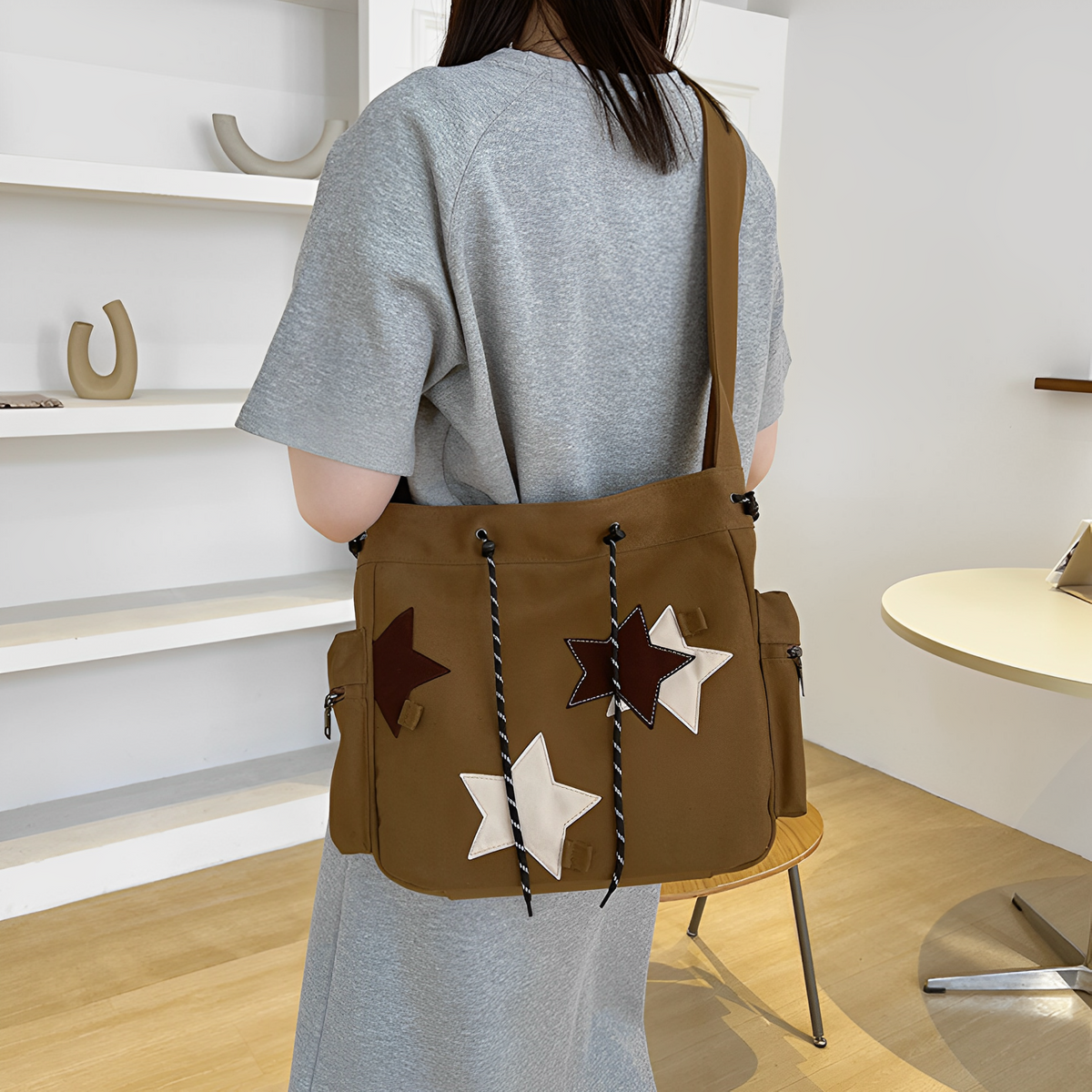Hobo Bag Canvas with Star Patches, Zip and Laptop Compartment