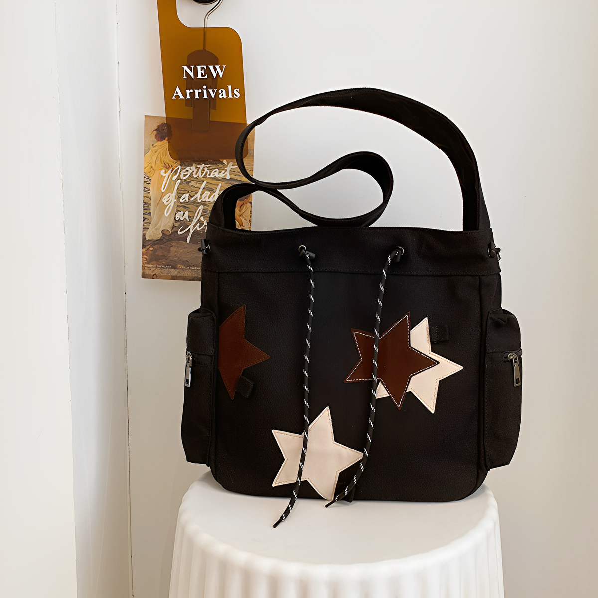 Hobo Bag Canvas with Star Patches, Zip and Laptop Compartment