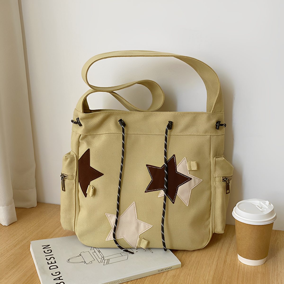 Hobo Bag Canvas with Star Patches, Zip and Laptop Compartment