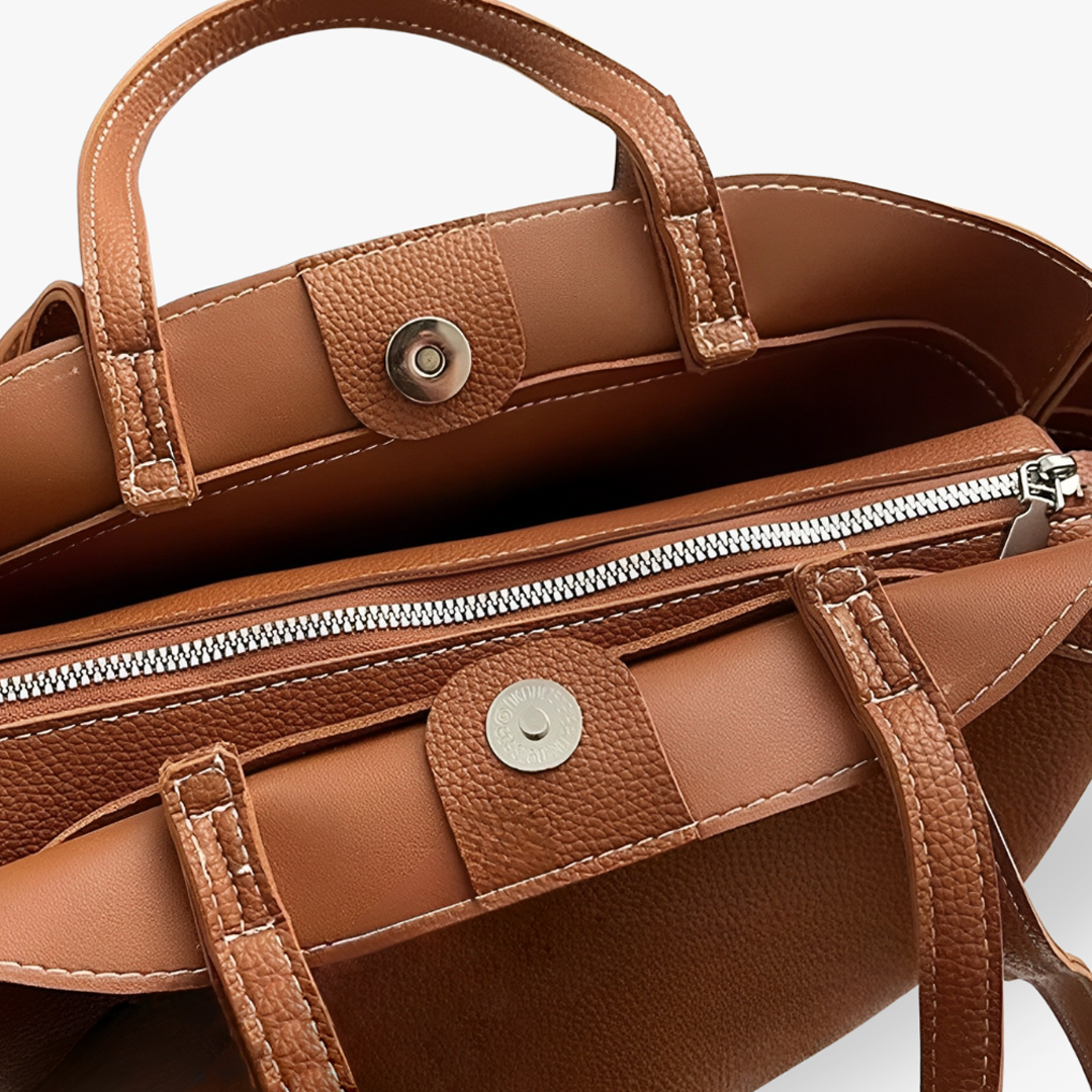 Tote Bag Grained Faux Leather with Removable Pouch and Topstitching