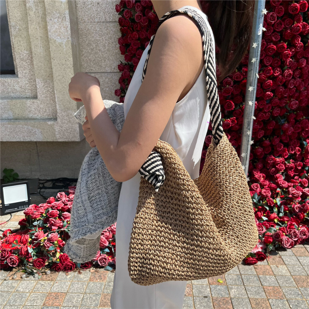 Straw Bag with Faux Leather Finishes and Braided Rope Strap