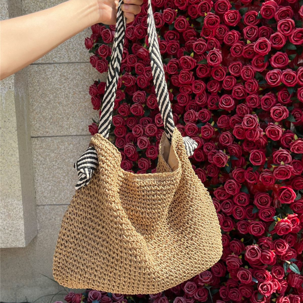 Straw Bag with Faux Leather Finishes and Braided Rope Strap