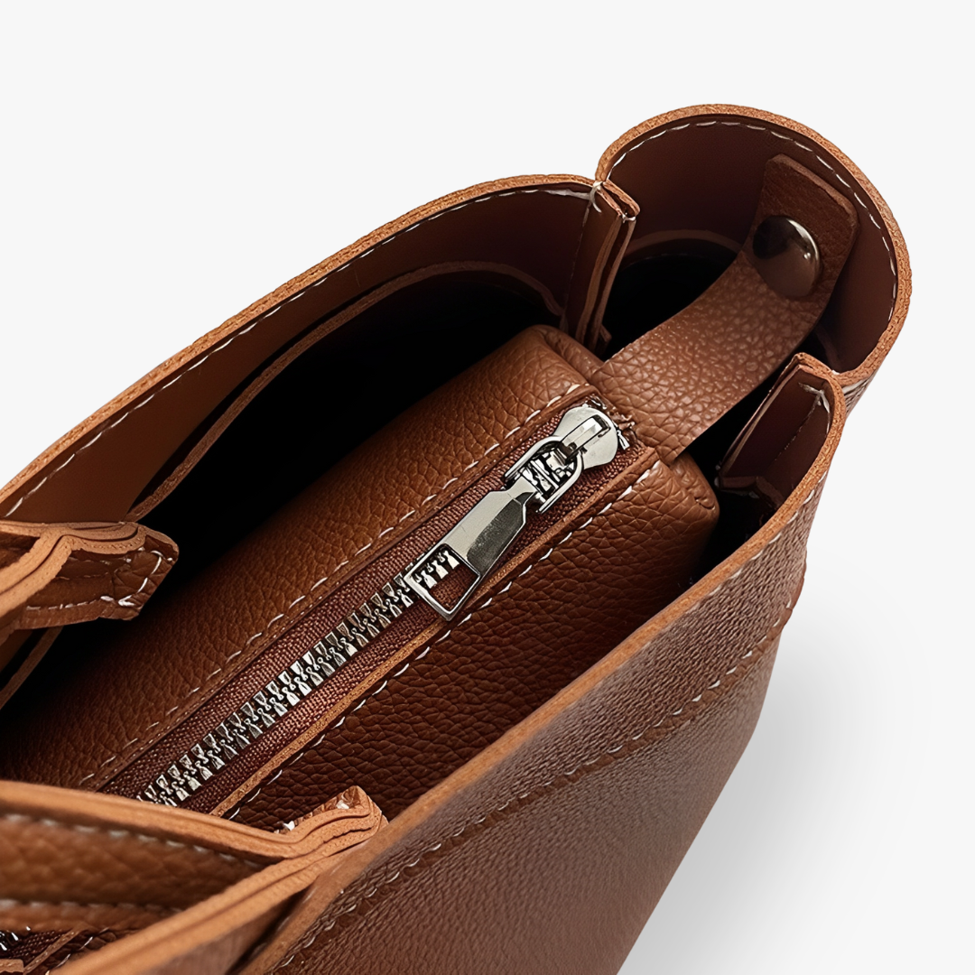 Tote Bag Grained Faux Leather with Removable Pouch and Topstitching