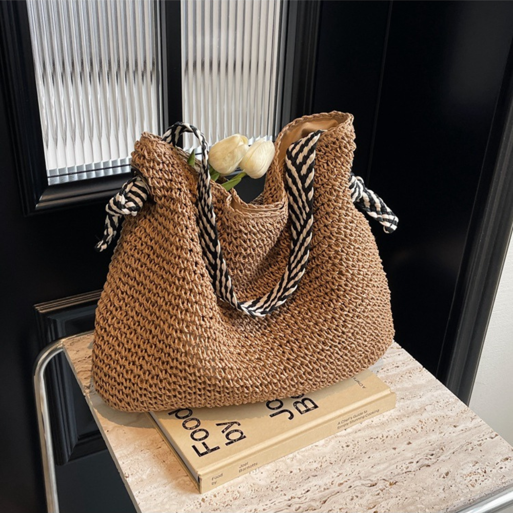 Straw Bag with Faux Leather Finishes and Braided Rope Strap