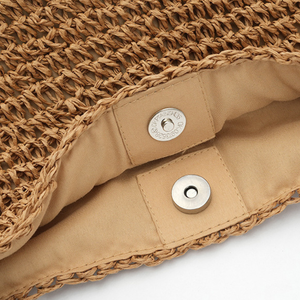 Straw Bag with Faux Leather Finishes and Braided Rope Strap