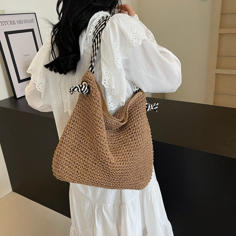 Straw Bag with Faux Leather Finishes and Braided Rope Strap