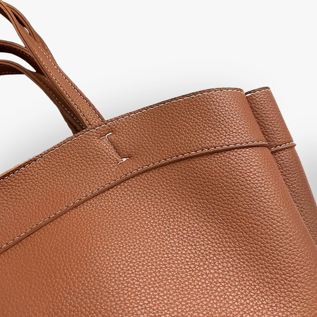 Tote Bag Grained Faux Leather with Removable Pouch and Topstitching