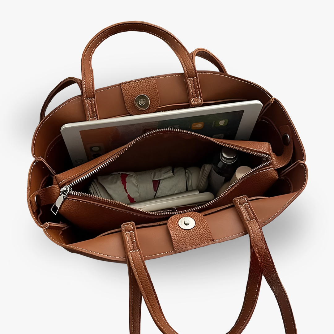 Tote Bag Grained Faux Leather with Removable Pouch and Topstitching