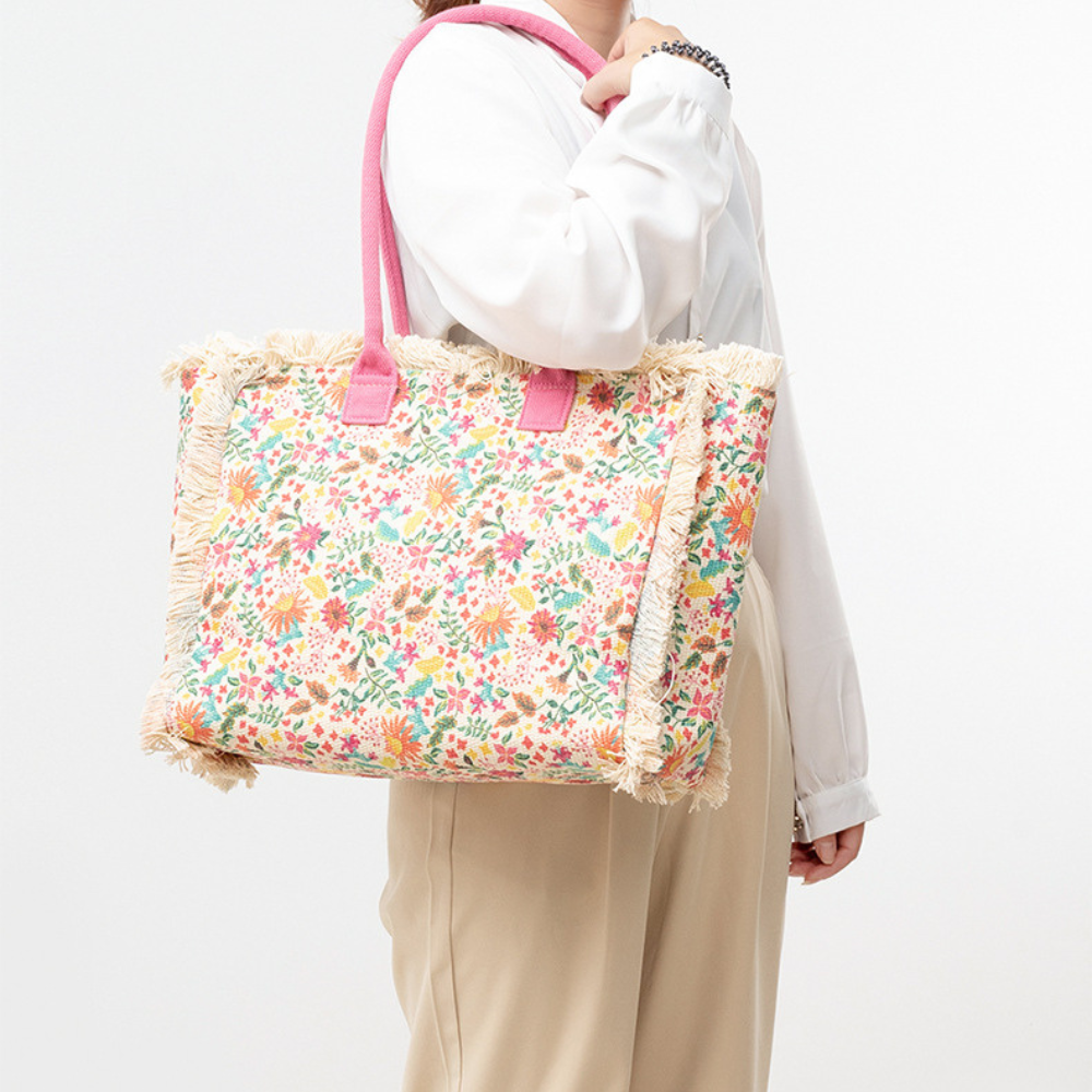 Tote Bag Patterned Textured Canvas with Zip and Reinforced Handles