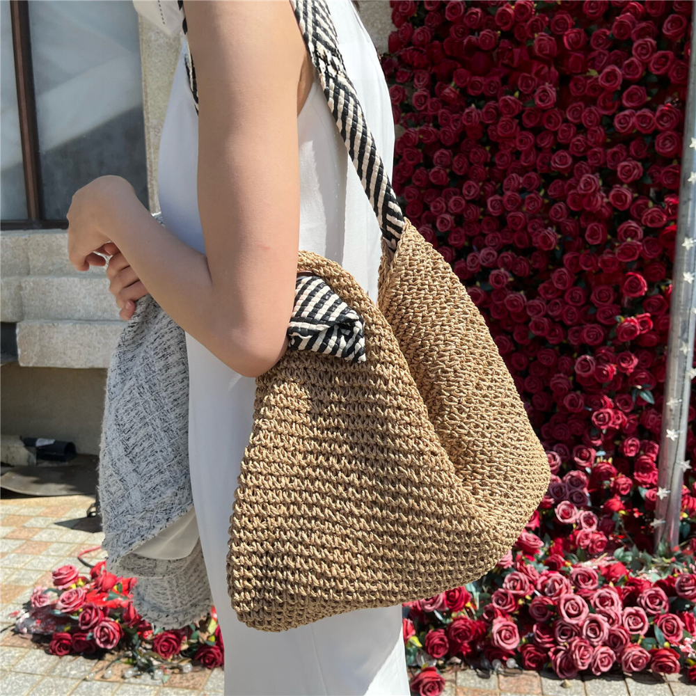Straw Bag with Faux Leather Finishes and Braided Rope Strap
