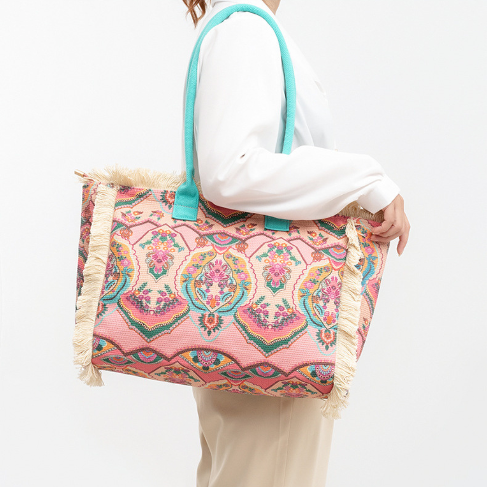 Tote Bag Patterned Textured Canvas with Zip and Reinforced Handles
