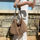 Straw Bag with Faux Leather Finishes and Braided Rope Strap