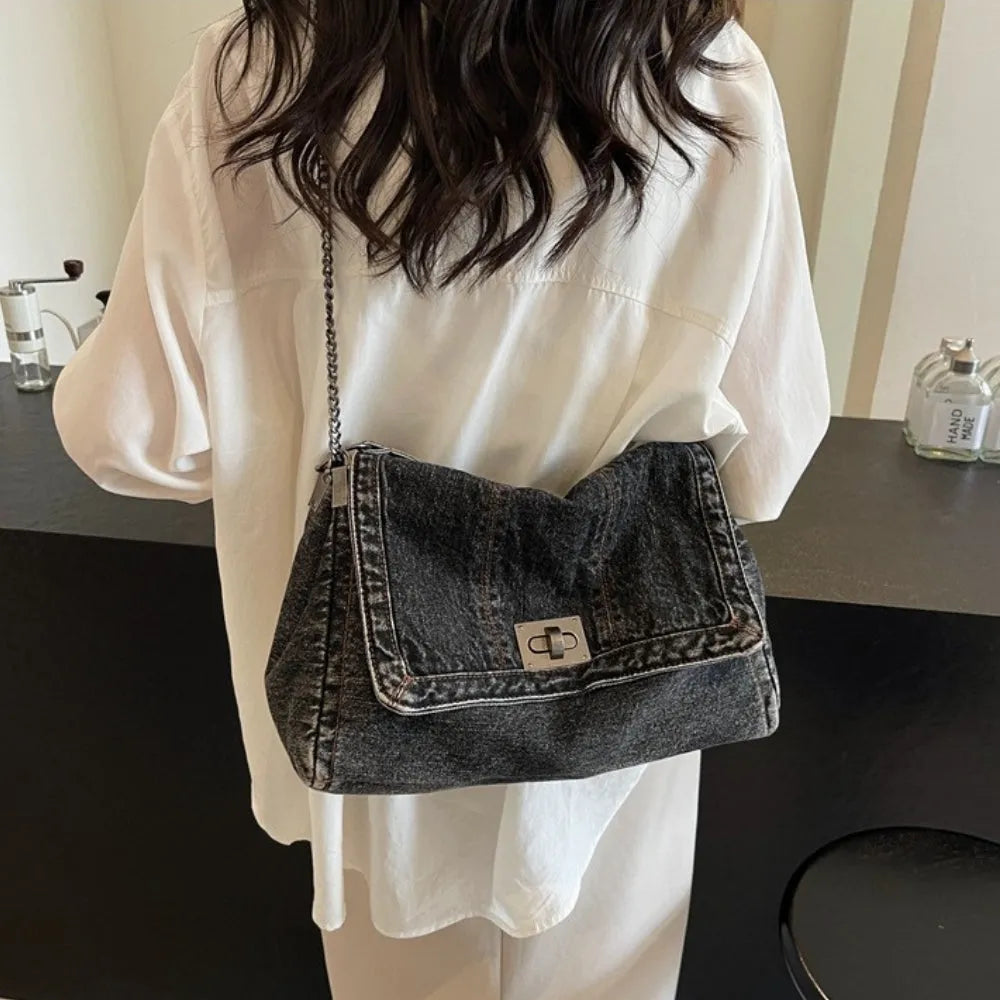 Shoulder Bag Upcycled Denim with Chain Handles and Metal Clasp