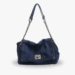 Shoulder Bag Upcycled Denim with Chain Handles and Metal Clasp