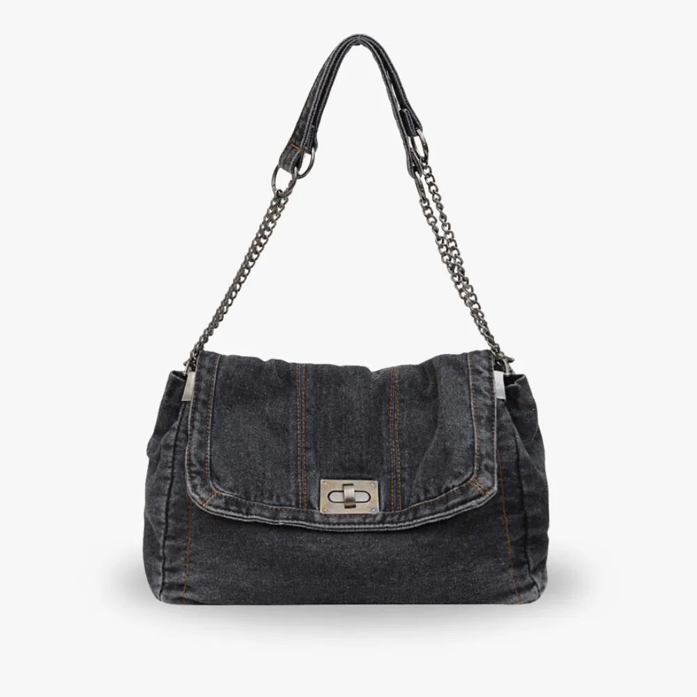 Shoulder Bag Upcycled Denim with Chain Handles and Metal Clasp