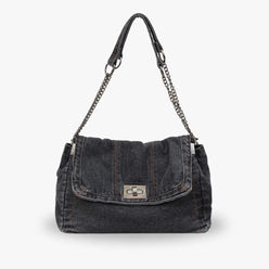 Shoulder Bag Upcycled Denim with Chain Handles and Metal Clasp