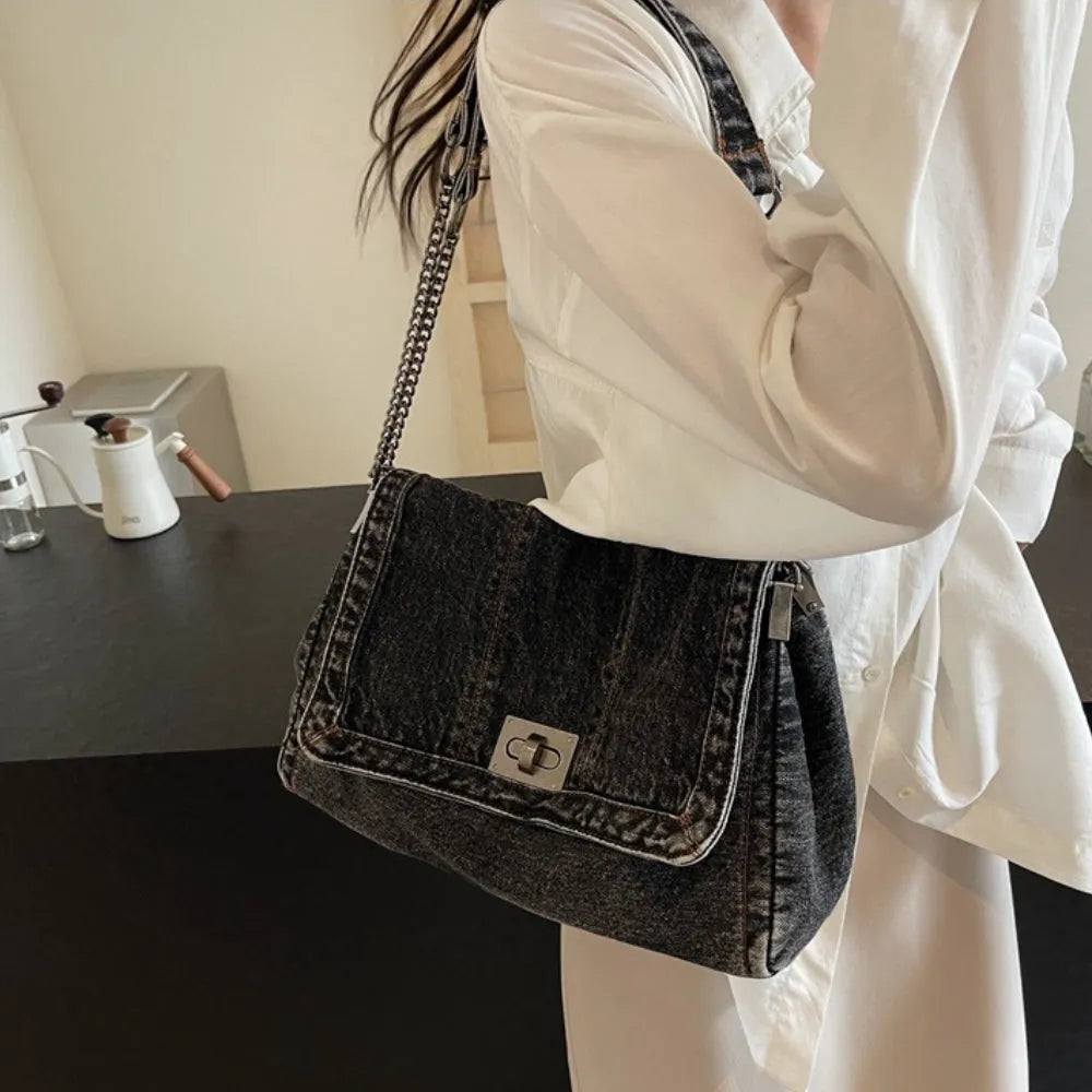 Shoulder Bag Upcycled Denim with Chain Handles and Metal Clasp