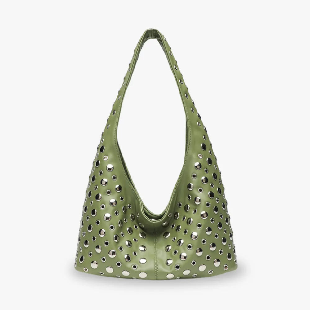 Hobo Bag Faux Leather with Metallic Rivets and Wide Strap