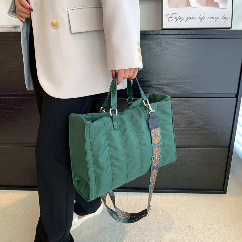 Tote Bag Quilted Cotton Nylon with Top Handles and Canvas Strap