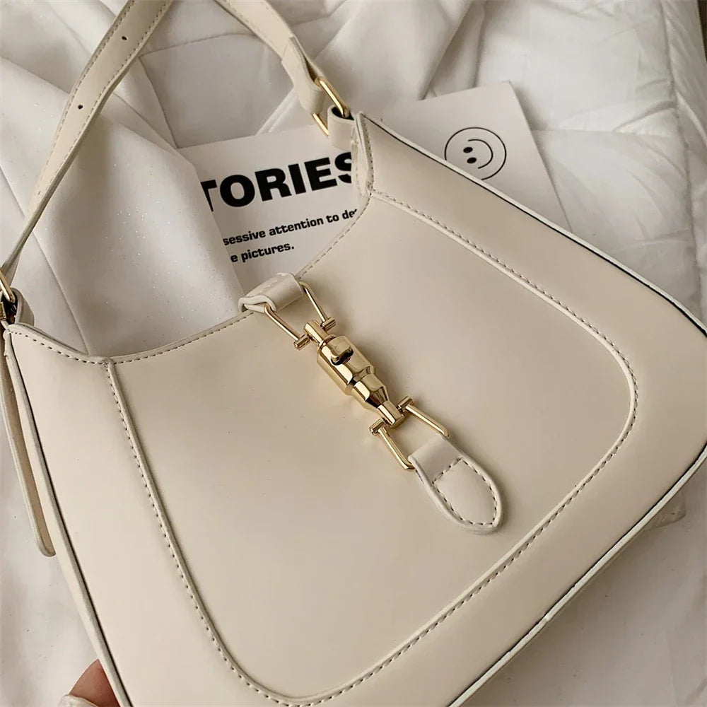 Shoulder Bag Faux Leather with Metallic Latch and Two Straps