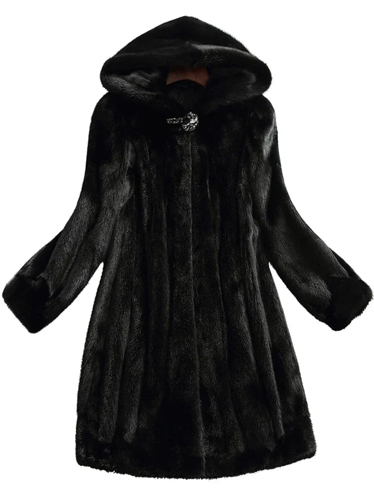Coat Faux Fur Long with Faux Fur-Lined Hood and Covered Buttons