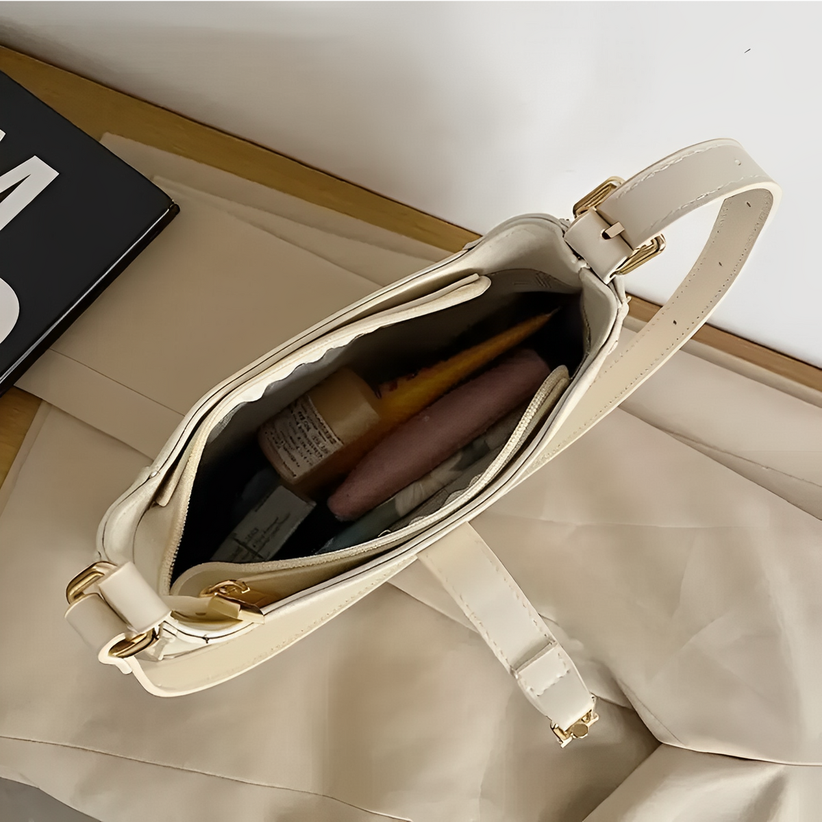 Shoulder Bag Faux Leather with Metallic Latch and Two Straps