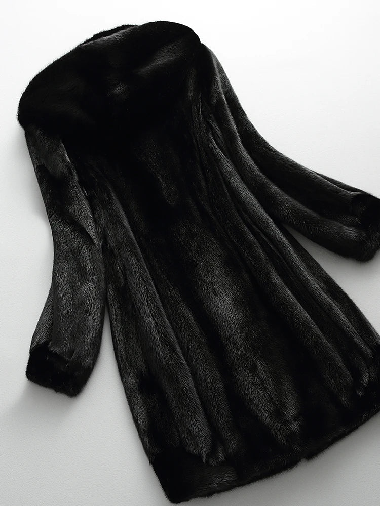 Coat Faux Fur Long with Faux Fur-Lined Hood and Covered Buttons