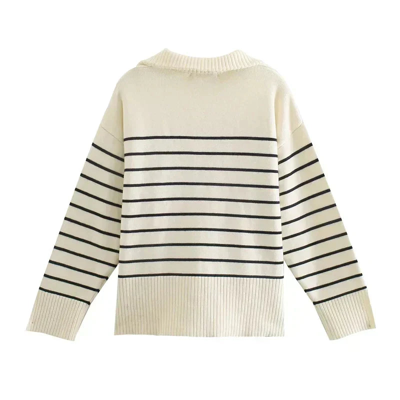 Cream and Navy Striped Half-Zip Jumper