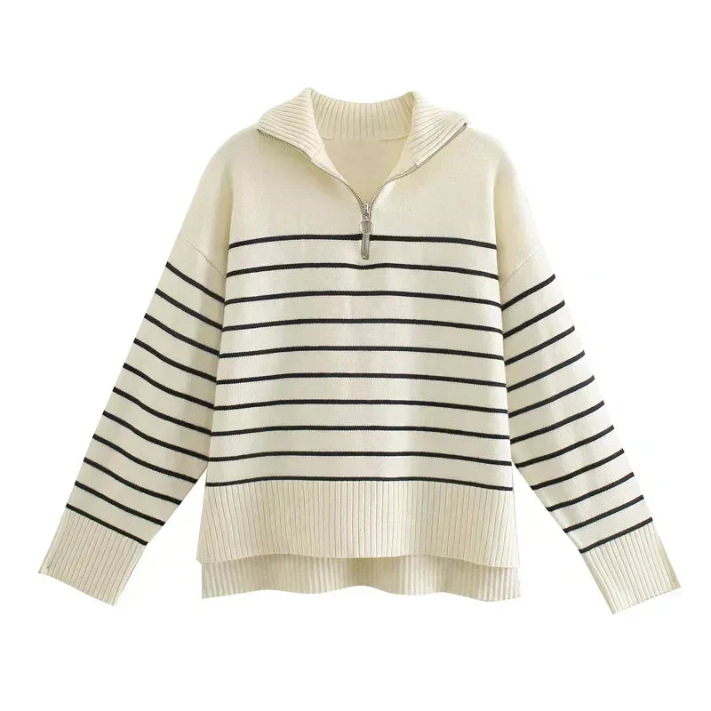 Cream and Navy Striped Half-Zip Jumper