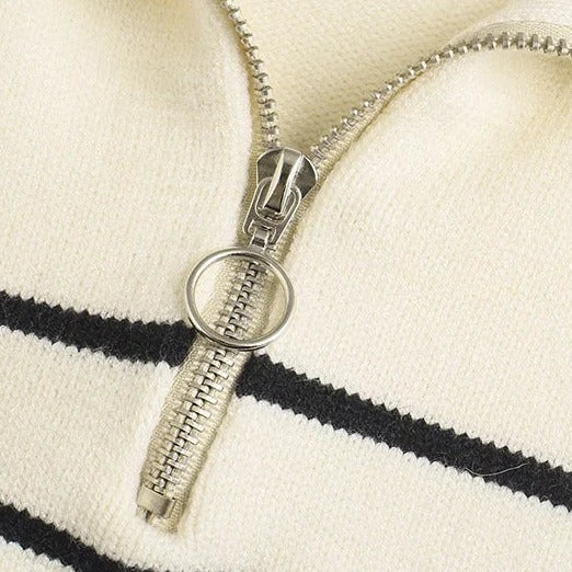 Cream and Navy Striped Half-Zip Jumper